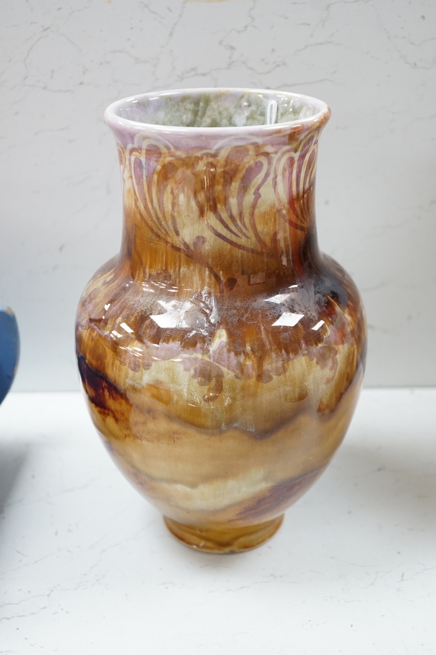 An experimental Doulton Lambeth vase with lustre effects, possibly by John Huskinson - Ex Richard Dennis Exhibition, 27cm tall. Condition - good